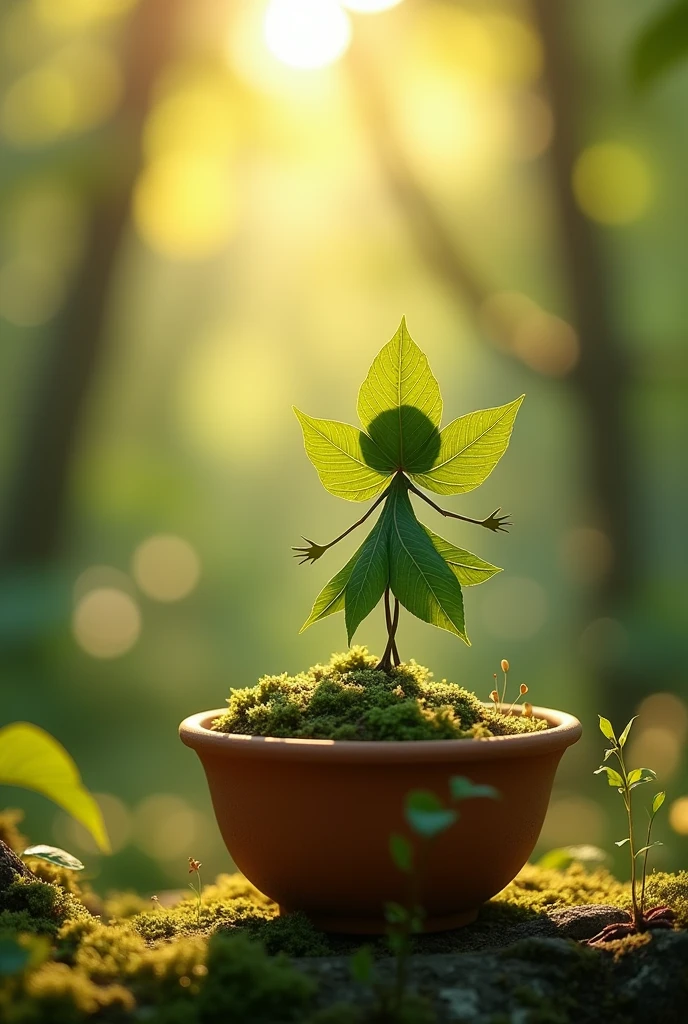 A whimsical miniature figure composed of two delicately arranged tree leaves, balanced in a carefree dance on the rim of a moss-covered, weather-worn terracotta pot, against a backdrop of lush, vibrant forest, where dappled sunlight filters through the canopy above, casting intricate shadows . The overall aesthetic is ethereal, with warm, earthy tones of sienna, amber and olive green, infused with notes of emerald and golden light, evoking a sense of wonder and delight, as if plucked from a fantasy realm.