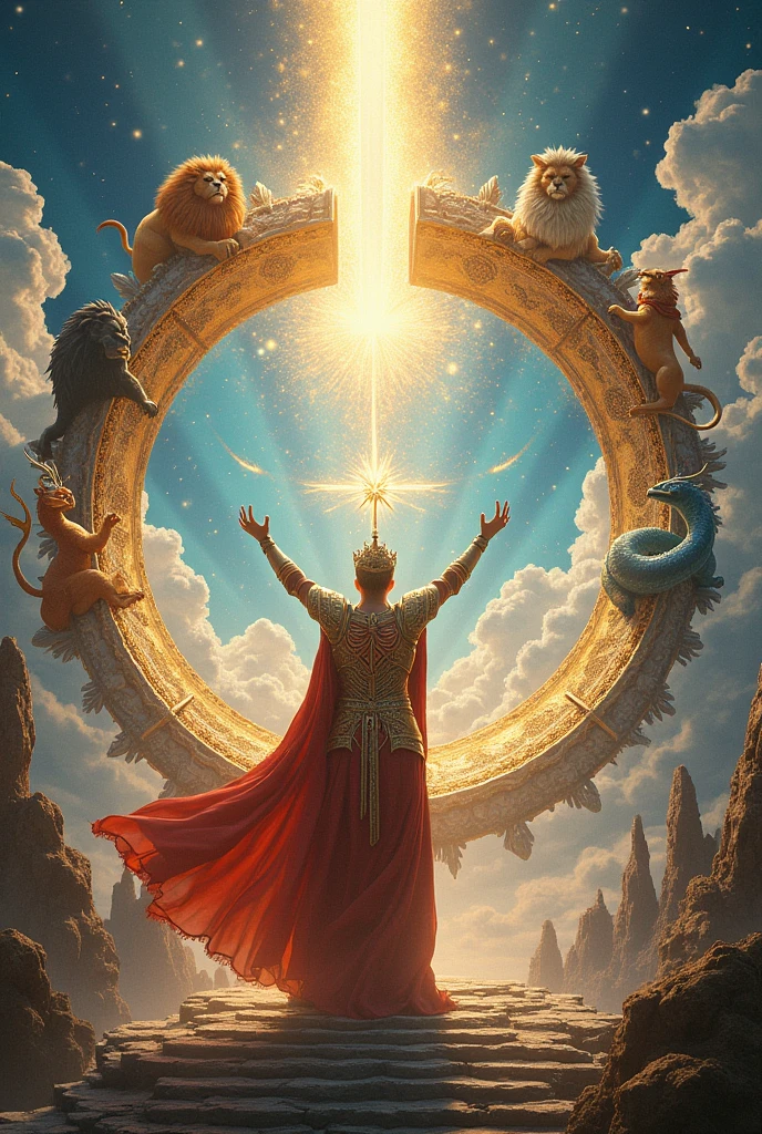 "Create an image for a tarot card titled 'The World' set in a fantasy world inspired by barbarian and sorcery themes. The scene features a triumphant and radiant figure, symbolizing completion and fulfillment, standing at the center of a grand, celestial circle. This figure is a powerful, regal hero or heroine, adorned in elaborate, ornate armor that shimmers with mystical symbols and vibrant colors.
The figure is surrounded by four mythical creatures—each representing an elemental force—forming a protective and harmonious circle around them. These creatures include a fierce dragon, a noble lion, a graceful phoenix, and a mighty sea serpent, each depicted with vivid, dynamic details. Behind the central figure, a magnificent portal opens to a realm of breathtaking beauty and boundless potential, with floating islands, radiant light, and expansive skies, symbolizing the achievement of a grand journey and the promise of new adventures. The atmosphere is celebratory and expansive, capturing the essence of wholeness, achievement, and the unity of all things. The style should be hyper-realistic, with detailed textures and a majestic, epic quality reminiscent of Frank Frazetta’s art, emphasizing the grandeur and fulfillment of the scene."