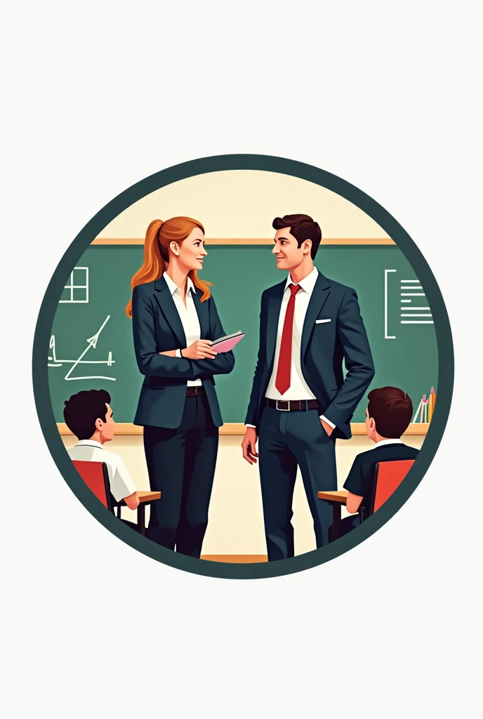 Sales logo on elementary school educational planning and materials with educational symbols with two teachers in formal attire and blackboard and students, IN THE SHAPE OF A CIRCLE