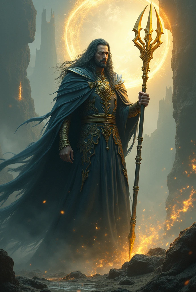 A 2 great wizard named Morpheus with powers of illusion holding his metal spear with a golden tip
