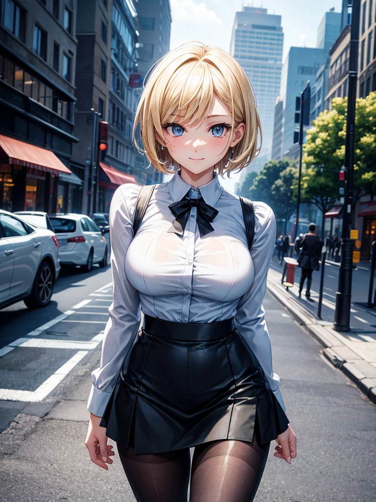 Anime style, super fine illustration, highly detailed, beautiful detailed, perfect detailed, super high quality image, static representation, gentle expression, happy expression, the pretty image, super stylish, 8k, pretty 1girl with blonde straight short hair & blue eyes & a bright smile & full bust & soft fair skin is a career woman supervisor who is not to show her skin wearing big light blue business shirt & black summer tailored jacket & black tight skirt & black pantyhose on the urban business buildings street, in the morning, solo, perfect fingers, no more fingers, no less fingers, perfect arms, no more arms, perfect legs, no more legs, no more hair, masterpiece.