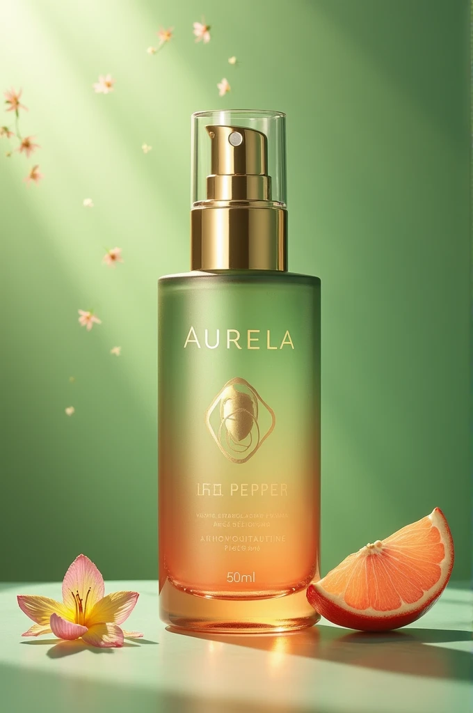 Create a moisturizer with the name aurea pink pepper fragrance and that contains the colors gold and water green