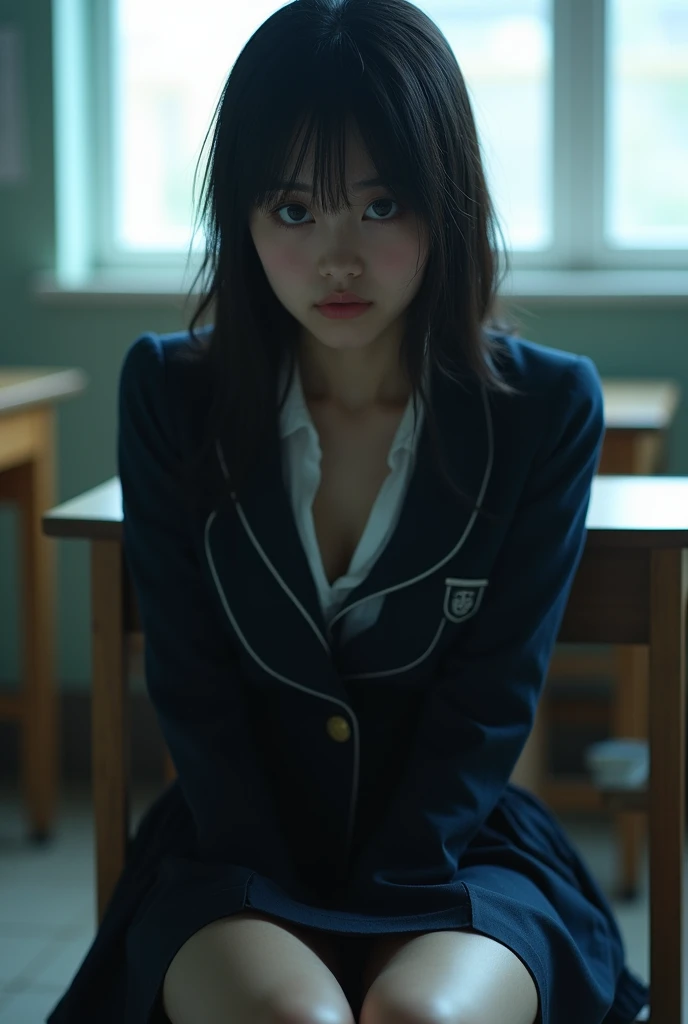 ((japanse beatiful girl:1.3)) ((school uniforms:1.4)) ((panty shot:1.5)) ((high school)),((dark blue skirt:1.3)) ((in the class room:1.3)) ((thin_fabric:1.4)) ((sweaty:1.5))((face is flushed:1.4)) ((big breasts:3.4)) ((close-up:1.2)) best quality,masterpiece,ultra high res,(photorealistic:1.4),raw photo,(Authentic skin texture:1.3),(film grain:1.3),panorama,character portrait,very wide shot,narrow waist,big breast,spread legs,orgasm expression, squirt,(in the dark, deep shadow, low key, cold light,) night,(()),streaming tears,,dust,Tyndall effect,(expression),1girl,beautiful detailed eyes and face,white jabot,brown eyes,((brown hair:1.2)) ((full body:1.3)) ((smile:1.3))