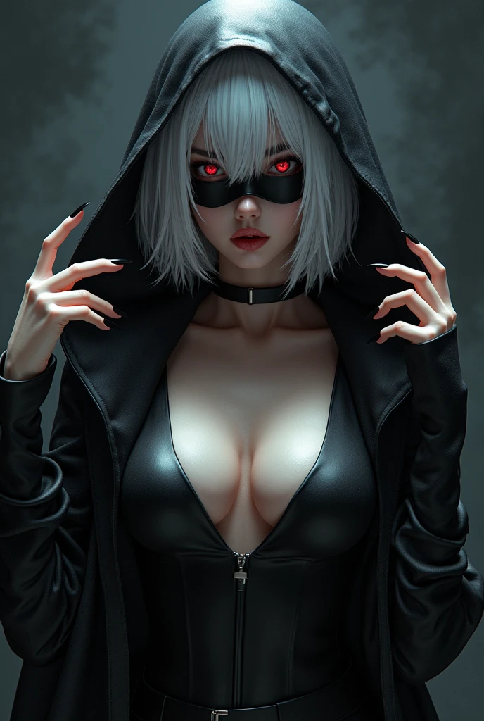  de Kaneki, sexly, busty, Exposed Big Breasts, nearly naked, SFW, hahahaha, best qualityer, More details, work of art, 1 kaneki ken girl, portraite, close up,  female focus, Eyes red, standing alone, mask, black nails, bangss, looking ahead at viewer, hooded cloak, shorth hair, black backdrop, hands up, hooded cloak up, glaze, mouth mask, teeths, White hair, black mask, luxurious, 8k, detailded, ray tracing, Depth of field, cinematic lighting, 