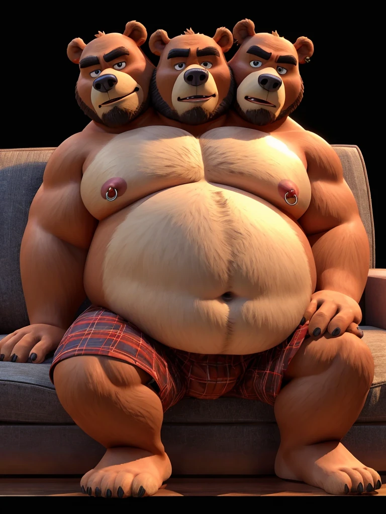 solo, bear, twins, 60 year old male, natural pose, sexy pose, sitting on couch, different facial expressions, tired, bored, annoyed, three identical heads attached to the same body, bear ears, bald, beard, brown fur, masculine, three necks, eyes, adult, male, 3d, by pixar, by disney, (overweight, fat, obese, big belly, out of shape), black background, shirtless, navel, male nipples, boxers, nipple piercings, ear piercings, correct hands, correct anatomy, ultradetailed, best quality, detailed masterpiece, highly detailed masterpiece, 4k, professional cartoon