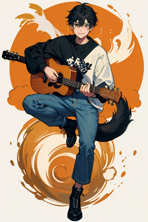 Create an image of a teenage girl named Fuyunah with straight, soft black hair. He wears a caramel or black sweatshirt with a black or white wolf or dragon design.. He is wearing black or blue jeans and stylish boots.. Fuyunah has a welcoming smile, that can feel hot or cold, and a slightly crazy expression. Next to you, there is a cute caramel dog and a white mongrel. He carries a katana and plays guitar and piano.. naughty man"