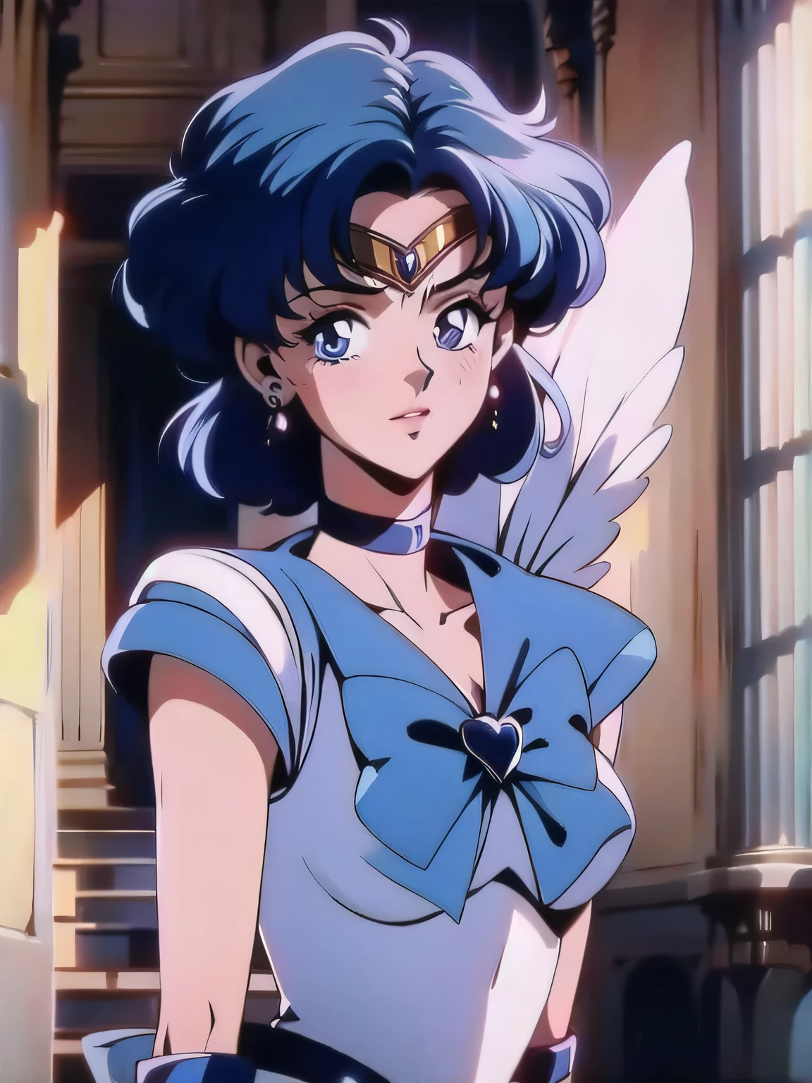 (8k, best quality, masterpiece:1.2),(best quality:1.0), (ultra highres:1.0), AmiMizuno, (sailor mercury, neck ribbon, blue hair, short hair, circlet, jewelry, crescent earrings), ulzzang,

