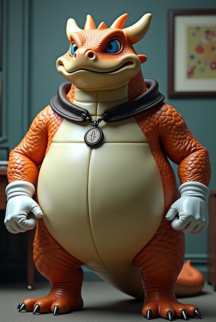 Dragon wearing a leather collar around his neck, white rubber gloves on hands and feet, white spats on feet, fat, bulging belly, large belly, thick leather collar, (high quality,4k,8k,highres,masterpiece:1.2),ultra-detailed,(realistic,photorealistic,photo-realistic:1.37), masterpiece,(intricate details), captivating artwork, artistically rendered, masterful strokes, attention to detail, tasteful composition, alluring charm, careful shading, great attention to anatomy, meticulous rendering, impeccable craftsmanship, vivid colors, perfect balance between realism and fantasy. Solo, Male, fat, squatting, extremely obese, gentleman, Dragon, bulging belly, large belly, blue eyes, (posing:1.3), (soft shading), 4k, hi res, ((detailed face, detailed)), looking at viewer, mouth wide open, office, top hat, male focus, brown headwear, Dragon is wearing a glossy leather dog collar around the neck, Dragon is wearing the leather collar and gloves and spats at the same time, Dragon is wearing glossy white rubber gloves on the hands, wearing white rubber gloves on the feet, gloves are rubber in texture, clenching fists, leather collar is glossy and shiny with a lot of detail, Dragon is wearing gloves and leather collar at the same time, leather collar has a round dog-tag, leather collar is thick and detailed.