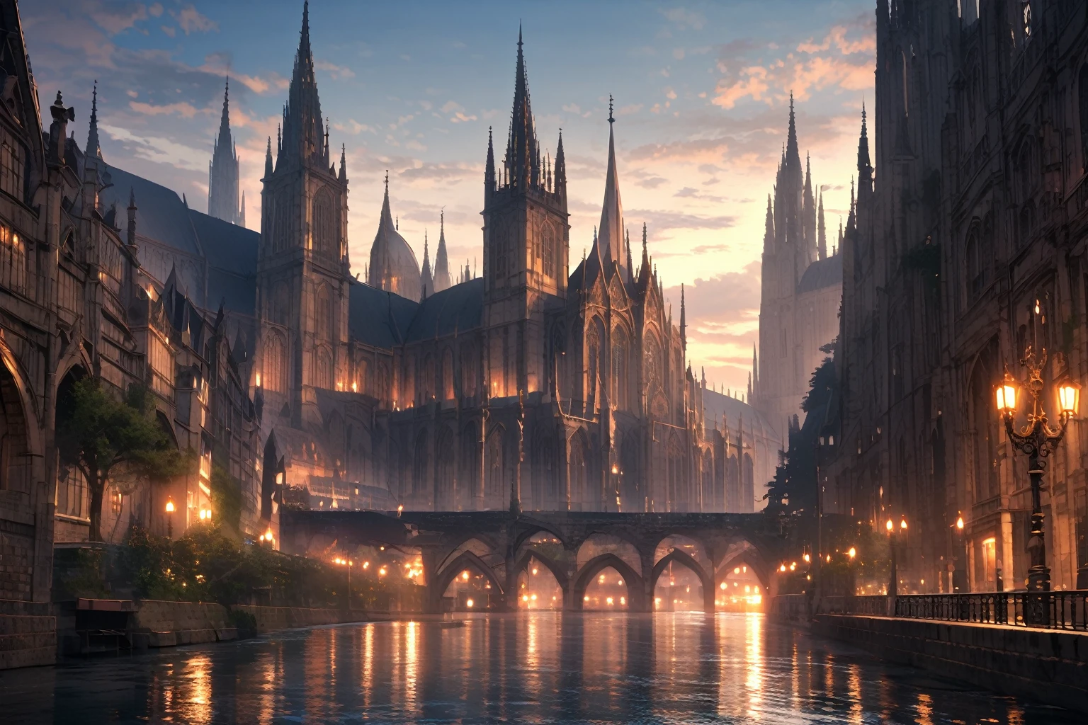Peaceful city, waterway, cathedral, dramatic lighting