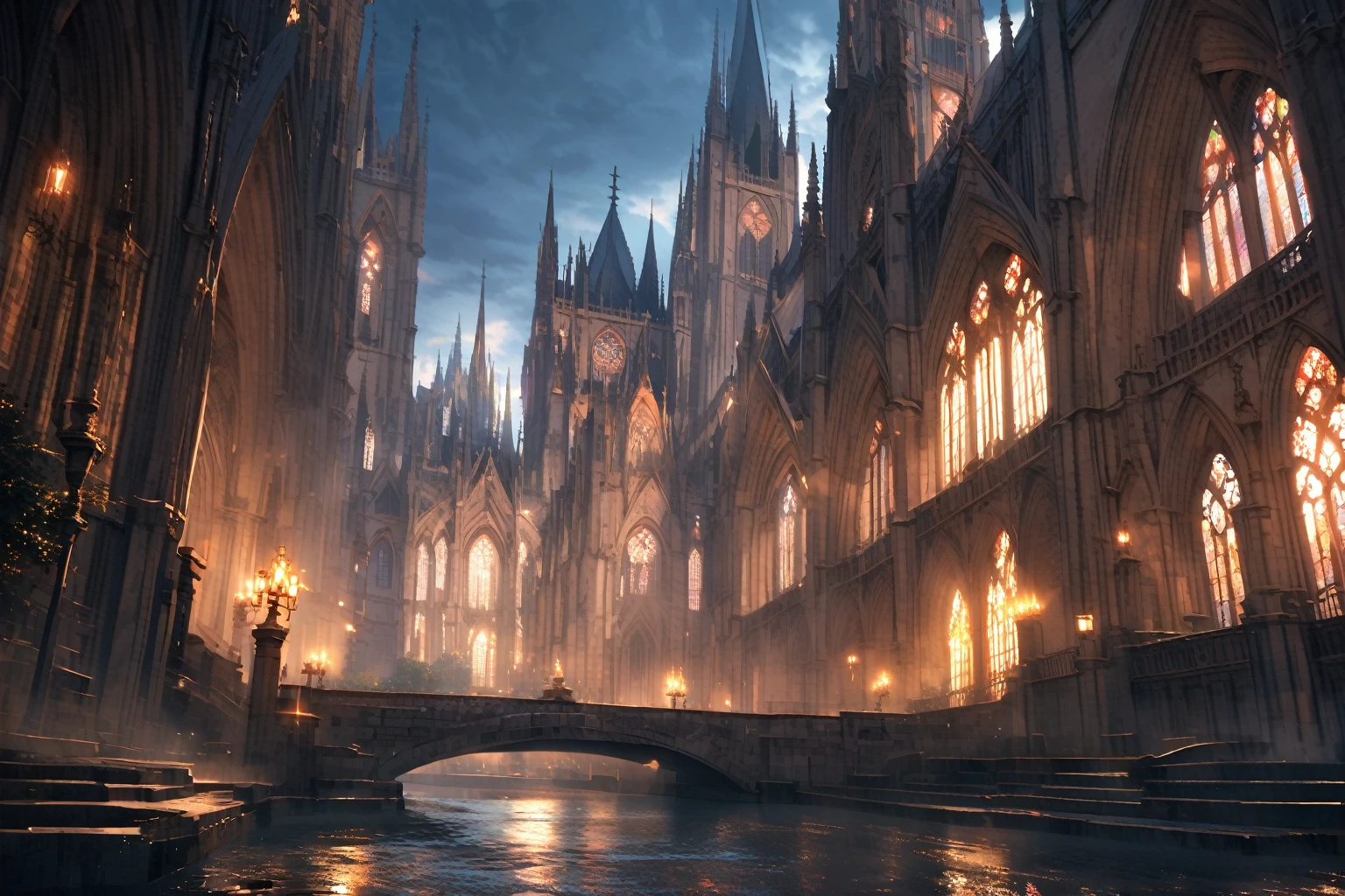 Peaceful city, waterway, cathedral, dramatic lighting