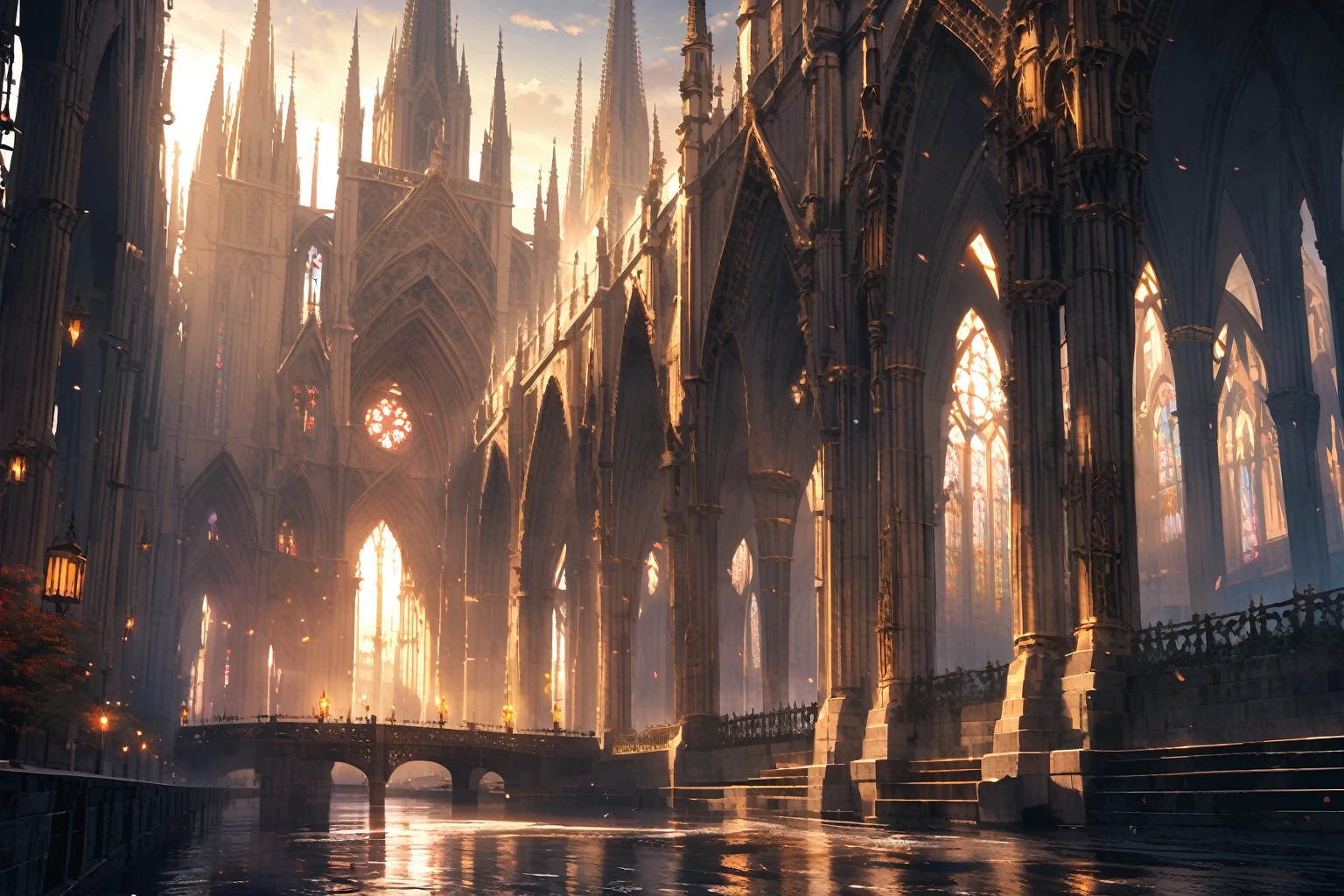 Peaceful city, waterway, cathedral, dramatic lighting