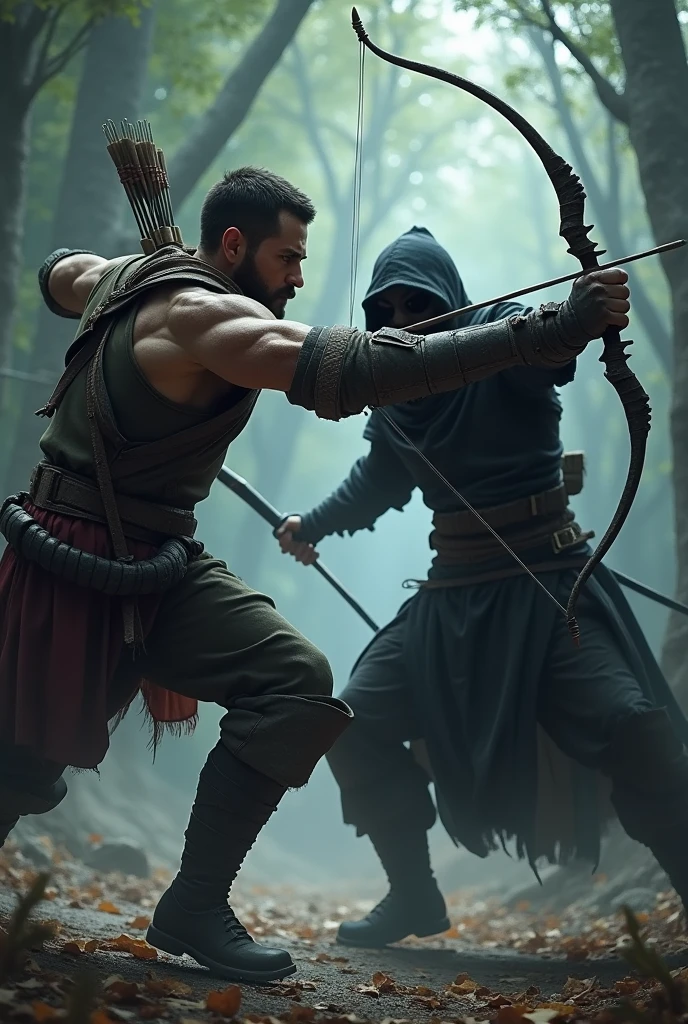 Description: Hunter lunges at Dark Arrow with a series of quick strikes. Dark Arrow Dodge, stepping back while preparing an arrow.