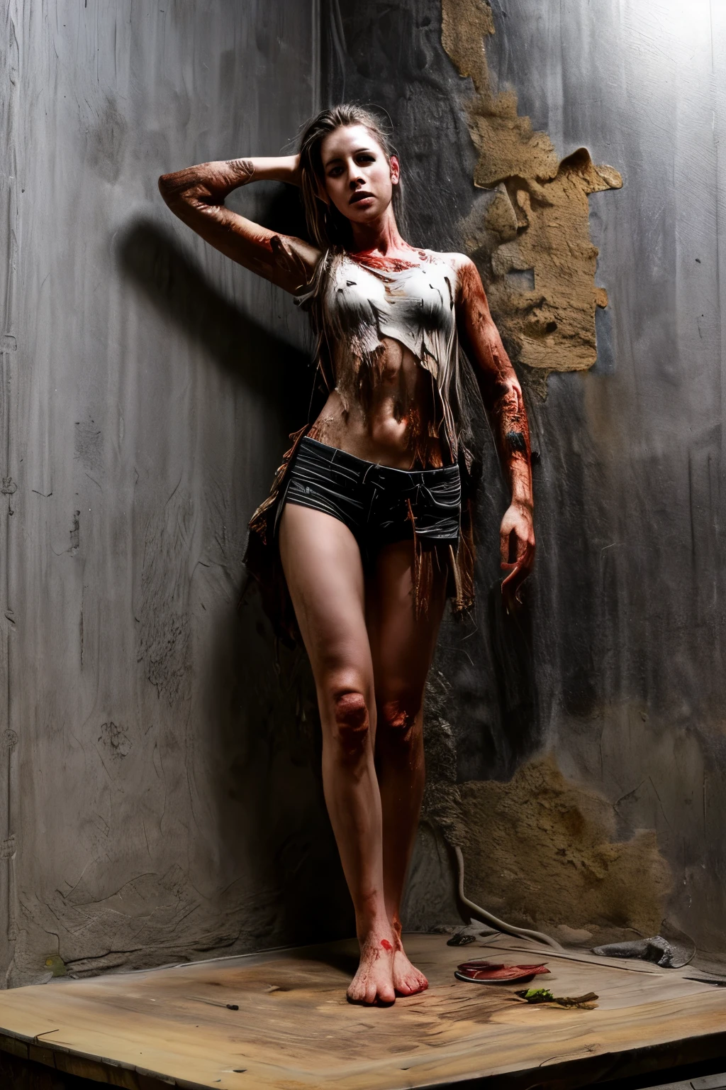 ((full length body and legs flatfoot pose)), ((masterpiece)), ((best quality)), (high-resolution), (photo-realistic), ultra-high detailed, ((well lit)), 1girl, zombie, torn cloths, science fiction setting