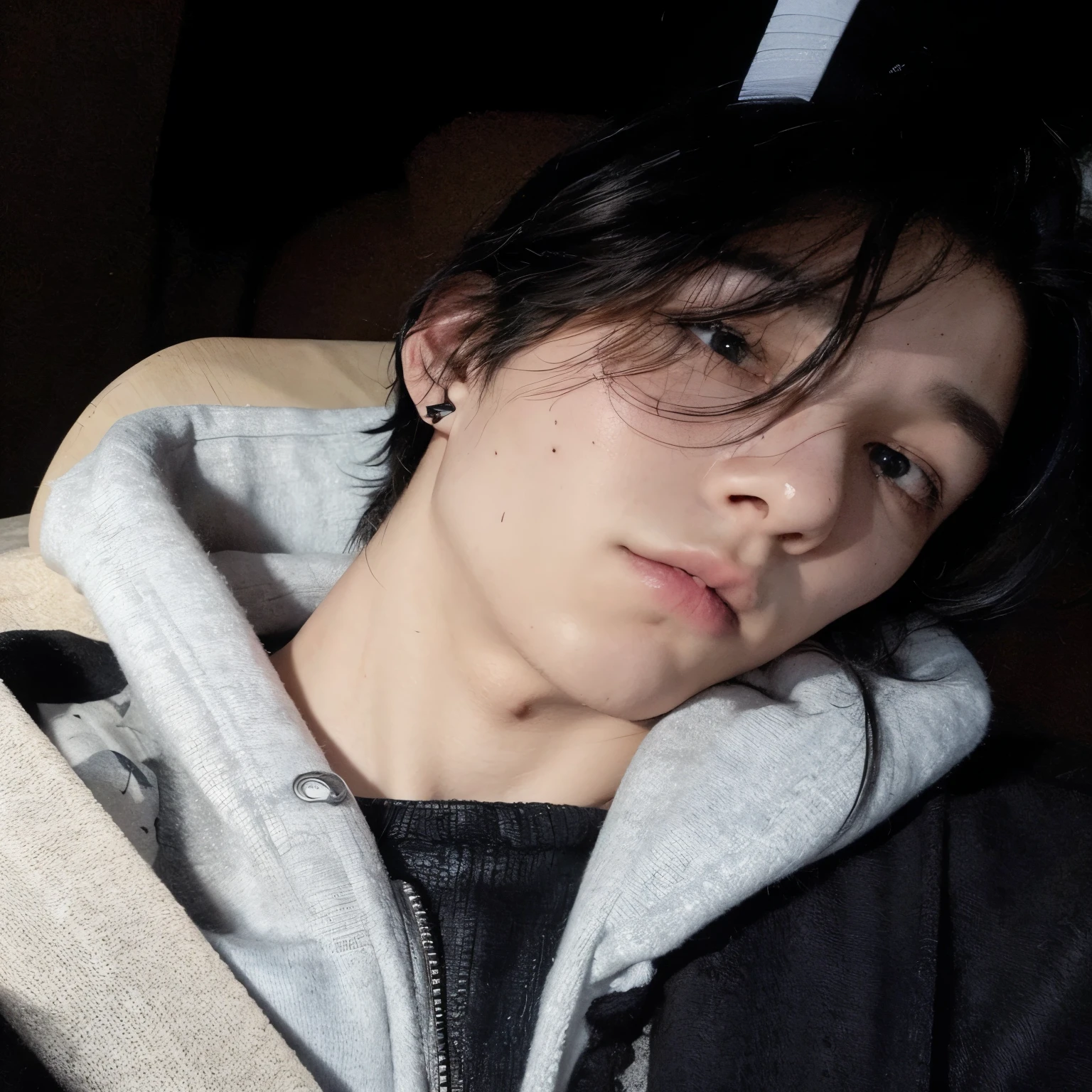 Create some moles on his face, and leave as many expressions as possible from the original image, with a tattoo of the letter C on his neck, with black hair a little messy. 