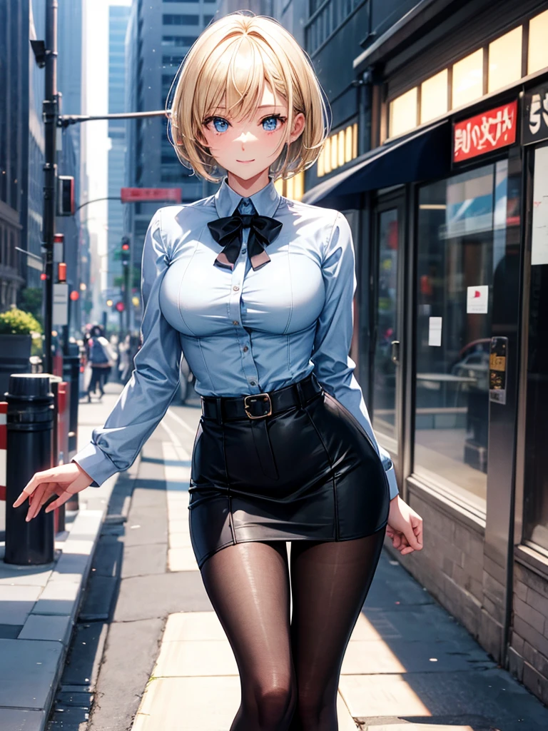 Anime style, super fine illustration, highly detailed, beautiful detailed, perfect detailed, super high quality image, static representation, gentle expression, happy expression, the pretty image, super stylish, 8k, pretty 1girl with blonde straight short hair & blue eyes & a bright smile & full bust & soft fair skin is a career woman supervisor who is not to show her skin wearing big light blue business shirt & black summer tailored jacket & black tight skirt & black pantyhose on the urban business buildings street, in the morning, solo, perfect fingers, no more fingers, no less fingers, perfect arms, no more arms, perfect legs, no more legs, no more hair, masterpiece.