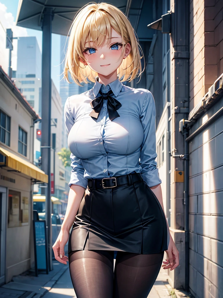 Anime style, super fine illustration, highly detailed, beautiful detailed, perfect detailed, super high quality image, static representation, gentle expression, happy expression, the pretty image, super stylish, 8k, pretty 1girl with blonde straight short hair & blue eyes & a bright smile & full bust & soft fair skin is a career woman supervisor who is not to show her skin wearing big light blue business shirt & black summer tailored jacket & black tight skirt & black pantyhose on the urban business buildings street, in the morning, solo, perfect fingers, no more fingers, no less fingers, perfect arms, no more arms, perfect legs, no more legs, no more hair, masterpiece.