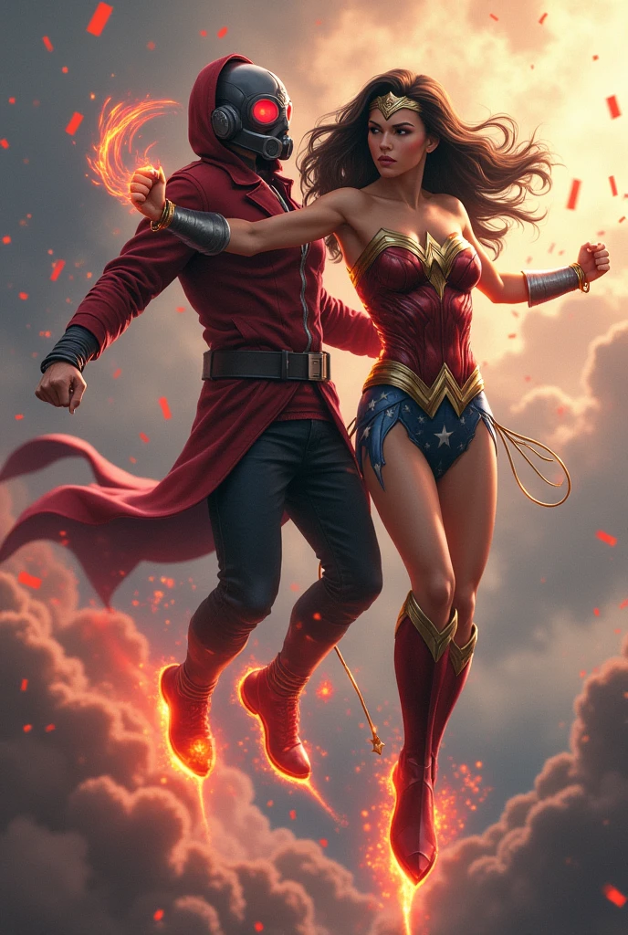 Young Star-lord with red hoodie, headphones, star-lord helmet on head, gas helmet, covered mouth, round red eyes, Red eyes, magic rings in the hands and rocket boots, Vs. Wonder woman (Big tits), Fighting, power, fiction, full body, 2 person, magic lasso, flying in the sky, hight, fall, fire in boots, red magic musical notes surrounding, full escene, hugged