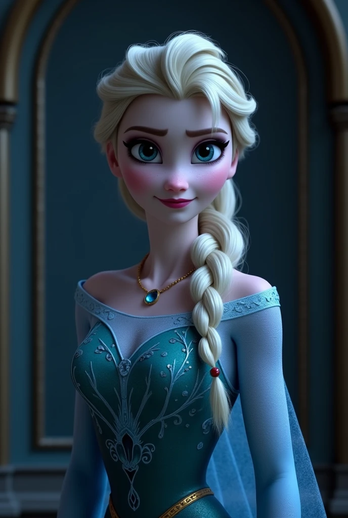 Elsa frozen chunly fusion. Highly detailed CG unity 8k wallpaper, style shot, complex, high detail, dramatic, highest quality movie still image, very detailed, masterpiece, best quality, character design, Elsa, Elsa from Frozen, happy face, (( Dark style)), realistic ultra-detailed rendering style, natural light, sharp character design, (hard focus, 8k), (((natural skin texture))), 8k textures, soft cinematic lighting, adobe lightroom, dark room, hdr, Sophisticated, Elegant, Rich Detail, Sharp Focuilm Look) )), Soothing Tones, Detail Frenzy, Intricate Detail, Super Detail, Low Contrast, Soft Film Lighting, Dull Colors, Exposure Blending, HDR, Fade, 35mm, f/1.4, ISO, f16, 25 sec , medium breast,
