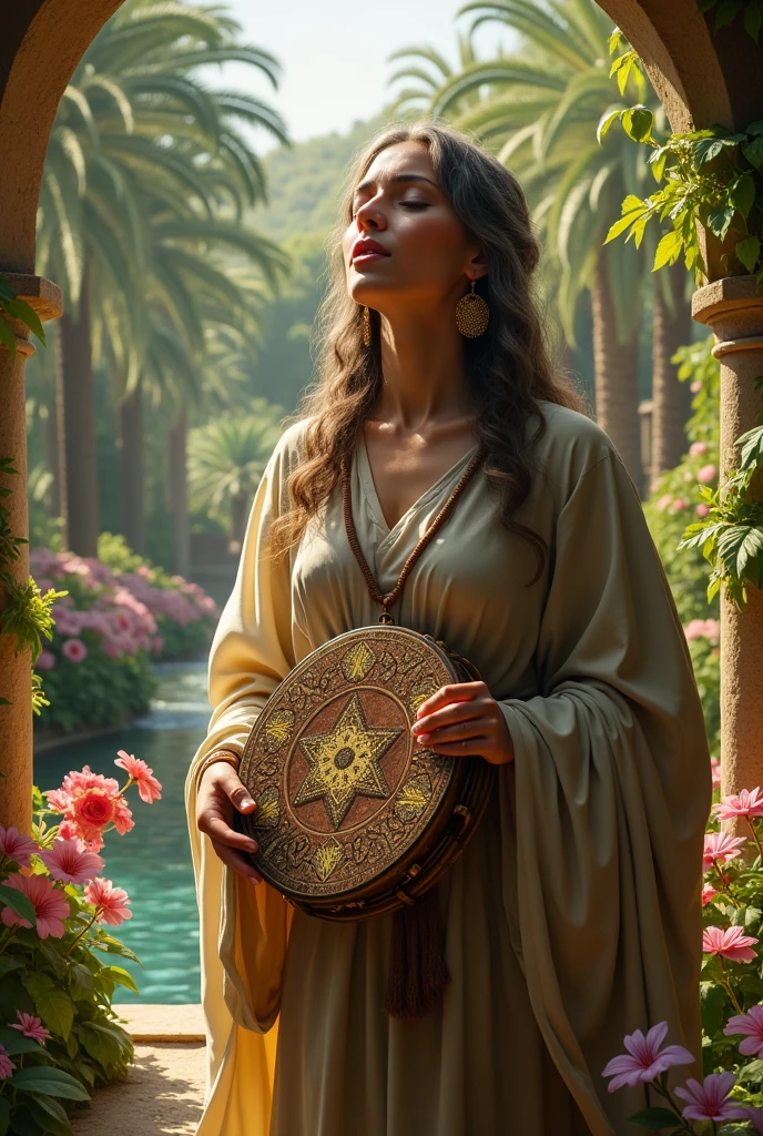 Binlican Israelite woman singing psalms playing tambourine with garden background