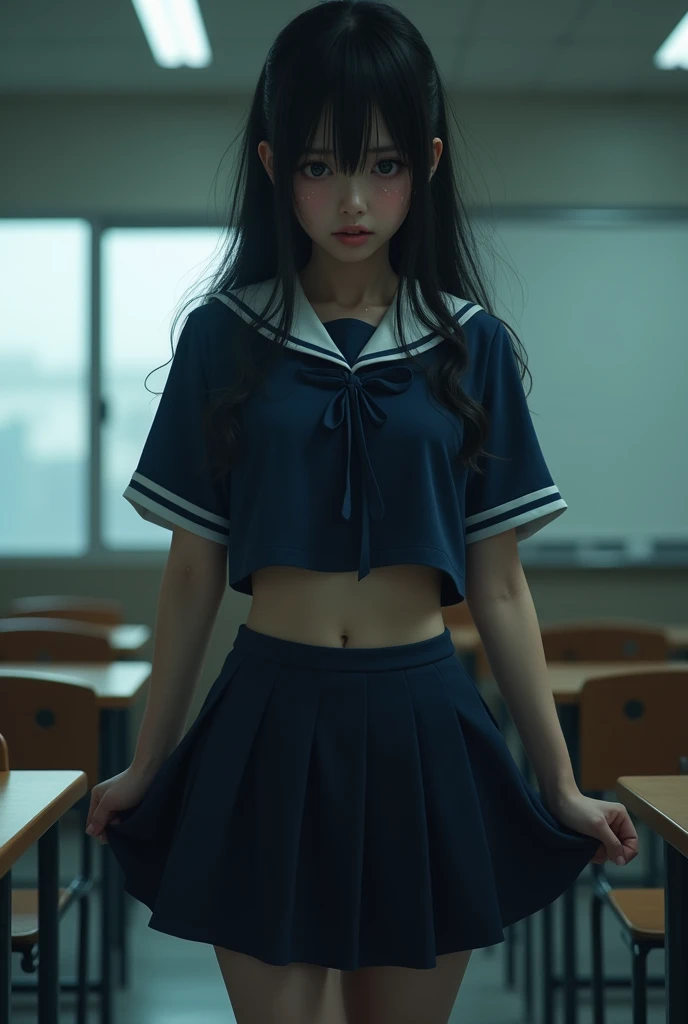 ((japanse beatiful girl:1.3)) ((school uniforms:1.4)) ((panty shot:1.5)) ((high school)),((dark blue skirt:1.3)) ((in the class room:1.3)) ((thin_fabric:1.4)) ((sweaty:1.5))((face is flushed:1.4)) ((big breasts:0.4)) ((close-up:1.2)) best quality,masterpiece,ultra high res,(photorealistic:1.4),raw photo,(Authentic skin texture:1.3),(film grain:1.3),panorama,character portrait,very wide shot,narrow waist,big breast,spread legs,orgasm expression, squirt,(in the dark, deep shadow, low key, cold light,) night,(()),streaming tears,,dust,Tyndall effect,(expression),1girl,beautiful detailed eyes and face,white jabot,brown eyes,((brown hair:1.2)) ((full body:1.3)) ((smile:1.3))