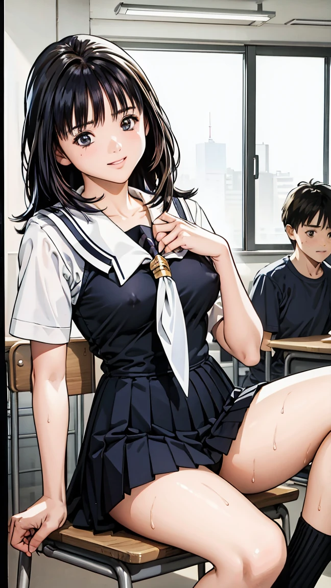 (Three boys and one girl) ,Navy blue mini skirt、expensive,(School classroom、machine、Chair、reading、I read a book),、smile、The men are laughing、、Long Hair、They hesitate,Sweaty body、Wet Hair, Underarm, Mid-chest,Realistic nipples, Realistic butt crack , (expensive色彩彩度:1.0), (Very detailed肌), (Highest quality:1.0), (Ultra-high resolution:1.0) ,(Realistic:1.0), (Very detailed:1.0), (8k, RAW Photos:1.1)、(Touching your own with your hands)、(A man is touching her breasts from behind)、The man behind、Grab your chest、、Squirting、Center of chest、Spread your legs、Yoshizuki Iori、White blouse