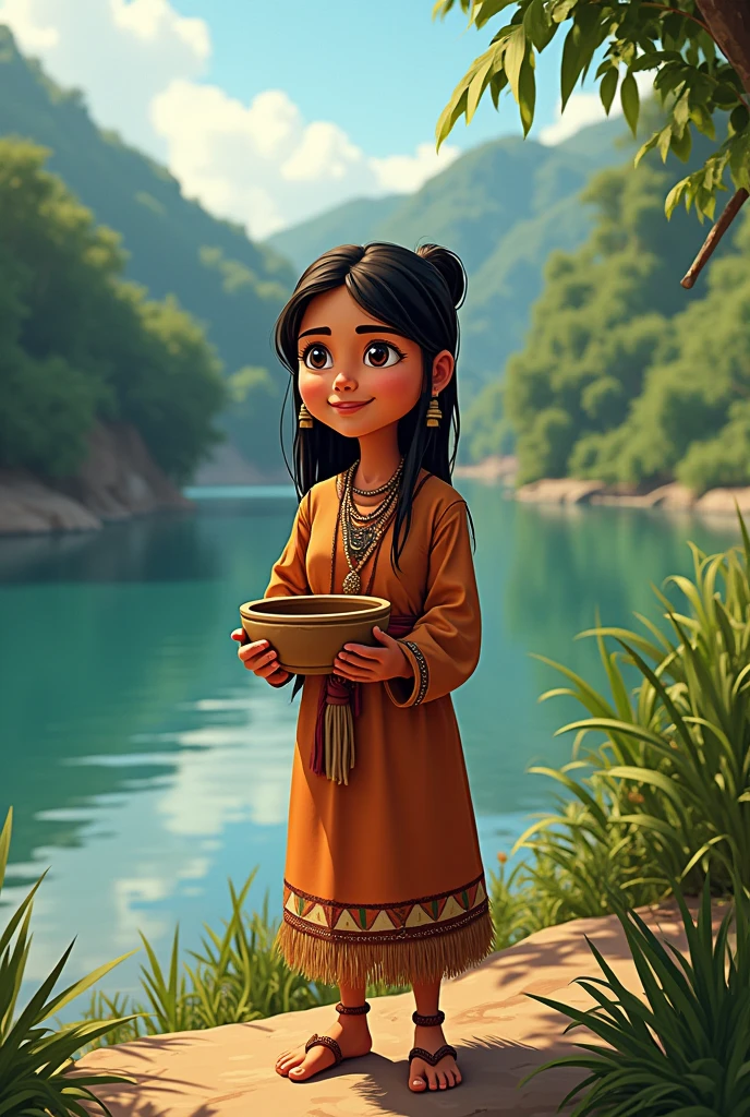 Animation of an indigenous person near the Magdalena River with a bowl in his hand 