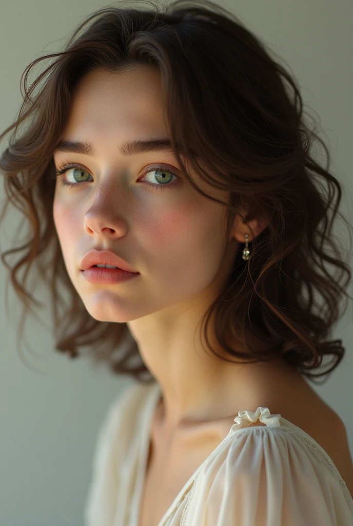 White woman with curly brown hair and green eyes in profile