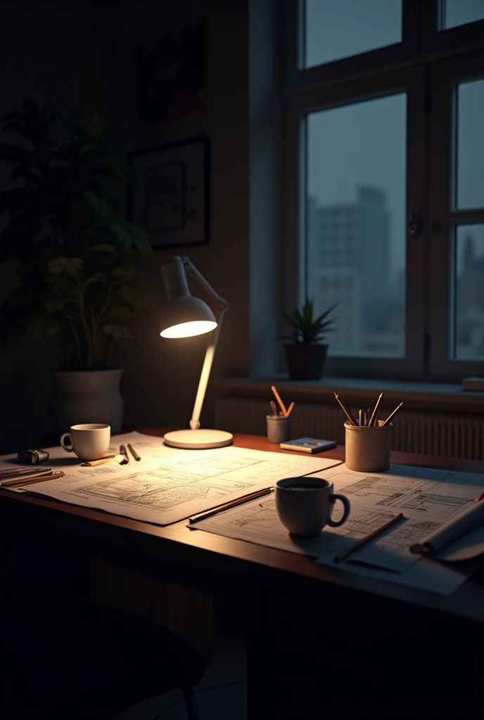Generate an ultra-realistic image designed to look like a photo taken with a cell phone. The image is intended to depict a construction designers' desk. There should be a lamp on the desk, the room should be dark, the lamp should be on. There will be building plans, pencils and design tools on the desk. There should also be two cups of half-drunk coffee. Photorealism:1:2