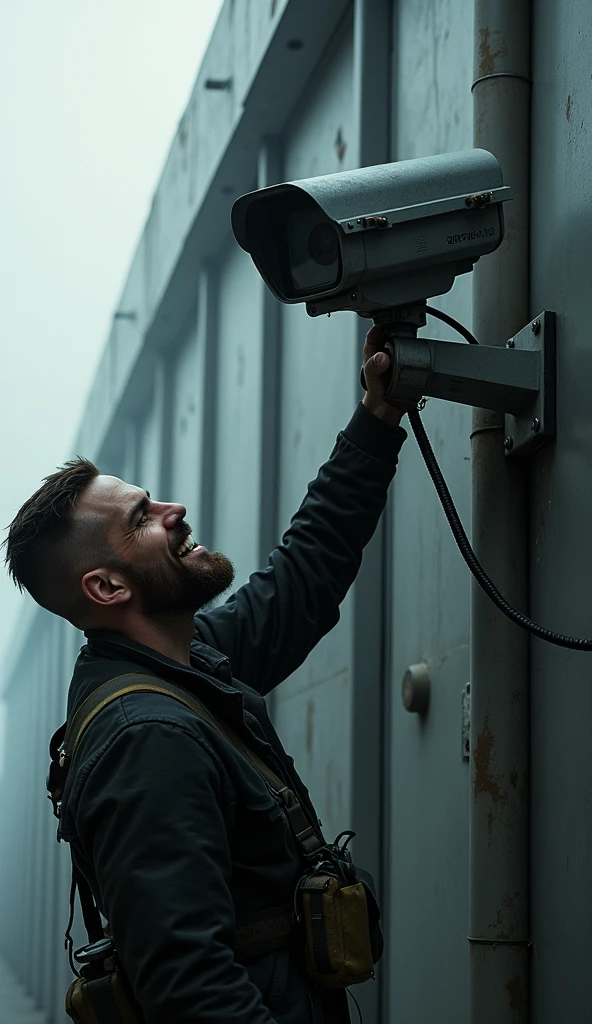 Dark technician, with beard, Grinning, shorth hair, installing a modern security camera that is high up.