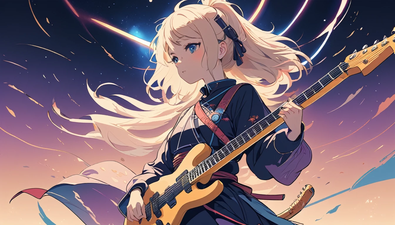 Electric guitar、Female samurai、Wide-angle lens, Lofi Anime, Lofi illustration, Aesthetic atmosphere, Lo-Fi Style, Vector art, Flat Design, Simple shape, Warm tones, Pleasant atmosphere, Chill, In anime style, Digital drawing, Vector art, Vector logo for t-shirt printing, (Adorable:1.5), (small:1.4), (Playful:1.2), (soft:1.3), (Whimsical:1.1), masterpiece, Highest quality, 8k, Intricate details, grow, Celestial, Mysterious, Picturesque, amazing, Majestic, Magic, Fantasy art, Cover art, dream-like