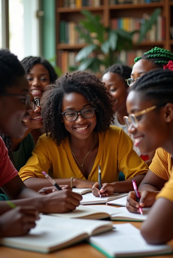 A large group of jamaican girls writing and reading a few in glasses