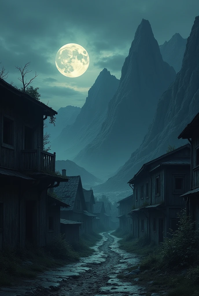 A dark town with mountains in the background, a full moon dimly illuminating the landscape.