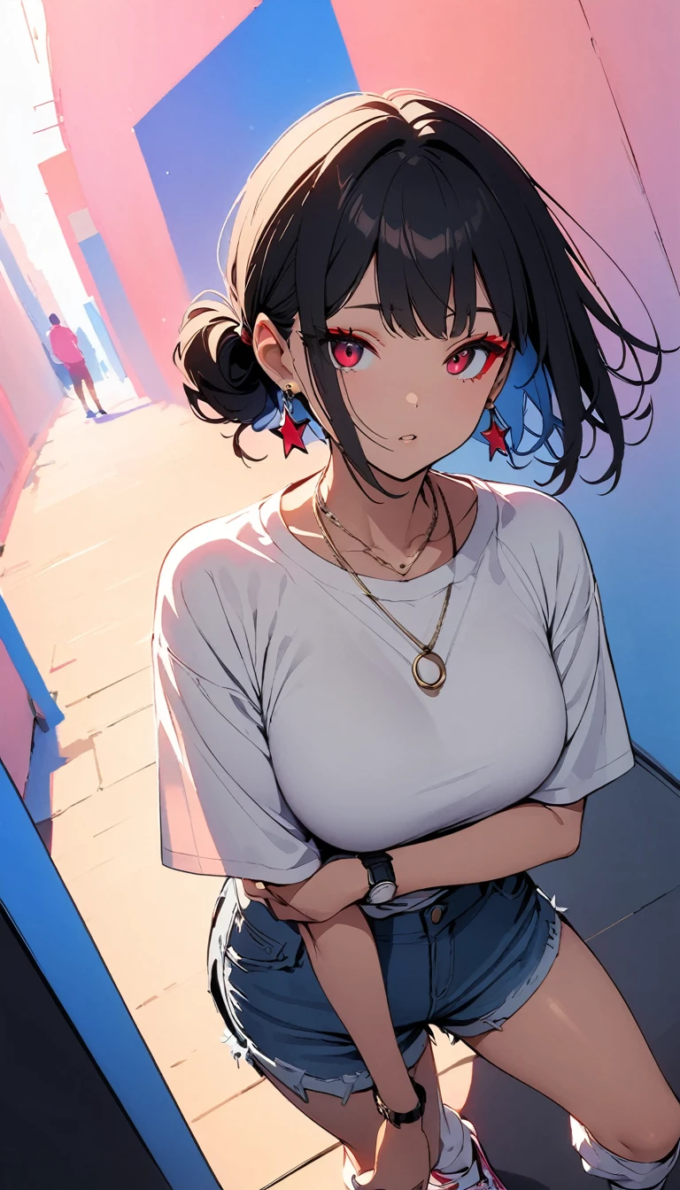 (high quality, 8k, 4K, High Contrast, masterpiece:1.2, 最high quality, Best aesthetics), (Dynamic Angle), ((1 female)),((Crouching)), ((A plain background:1.3)), ((Flat Color)),High Contrast, Contrasting colors, , Pale pink and blue lighting, White long sleeveTshirt,Denim shorts,(White loose socks),sneakers, Looking at the audience, (Cool look), Sleepy eyes, ((Short Hair)) , (Tied Hair), Black Hair, Red eyes, Small star-shaped earrings in both ears, bright eyeshadow,high angle shot, Baseball Cap,Mature face,Smoking,watch,necklace,Bangles