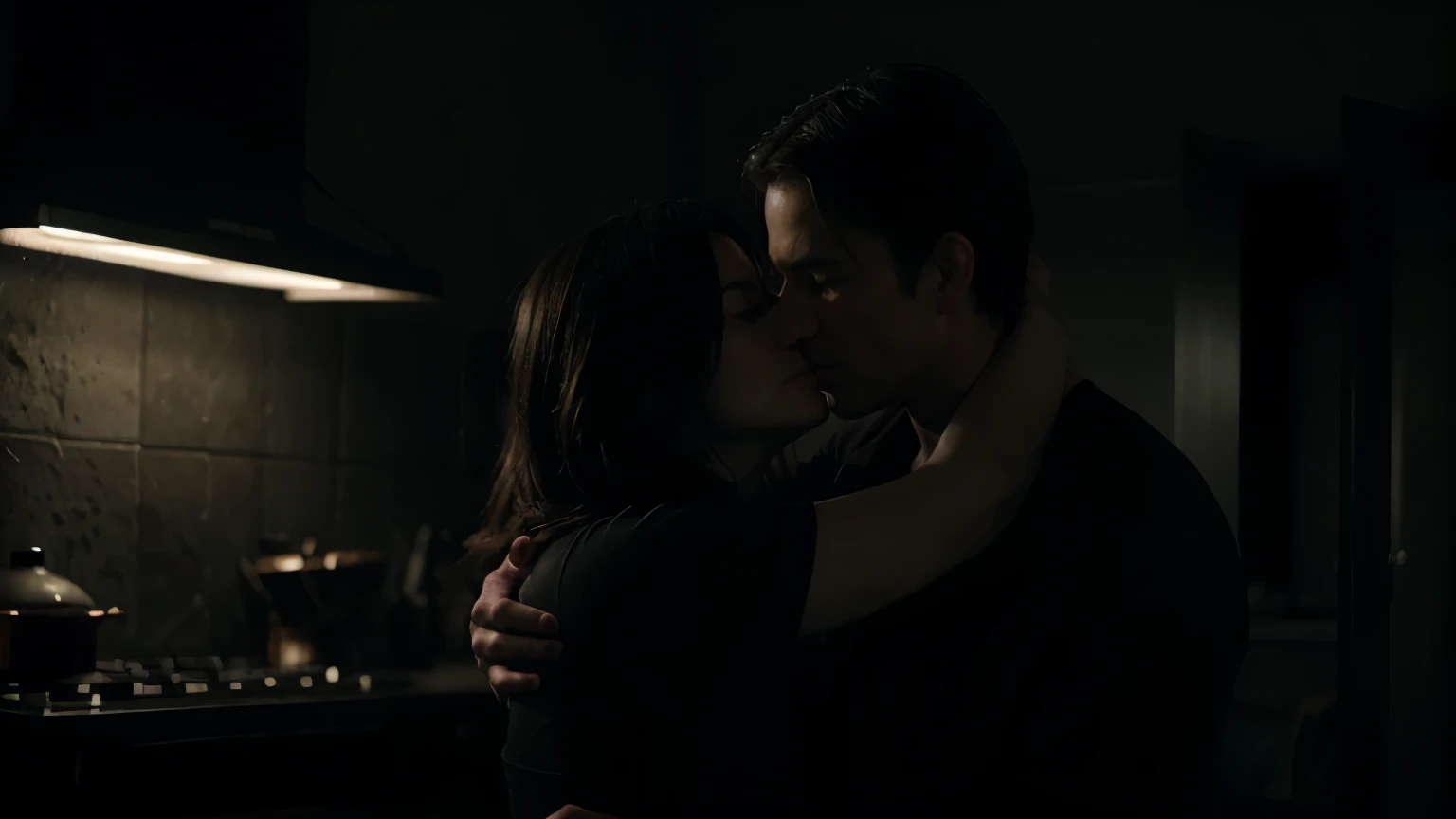 A man hugging a sandra bullock from behind in a dark room, it's night, both have their eyes closed, dramatic chiaroscuro lighting, moody atmosphere, cinematic, emotional, (best quality,4k,8k,highres,masterpiece:1.2),ultra-detailed,(realistic,photorealistic,photo-realistic:1.37),dramatic lighting,dramatic shadows,moody atmosphere,cinematic composition,emotional expression,closed,strong chiaroscuro,dramatic contrast,dramatic lighting,