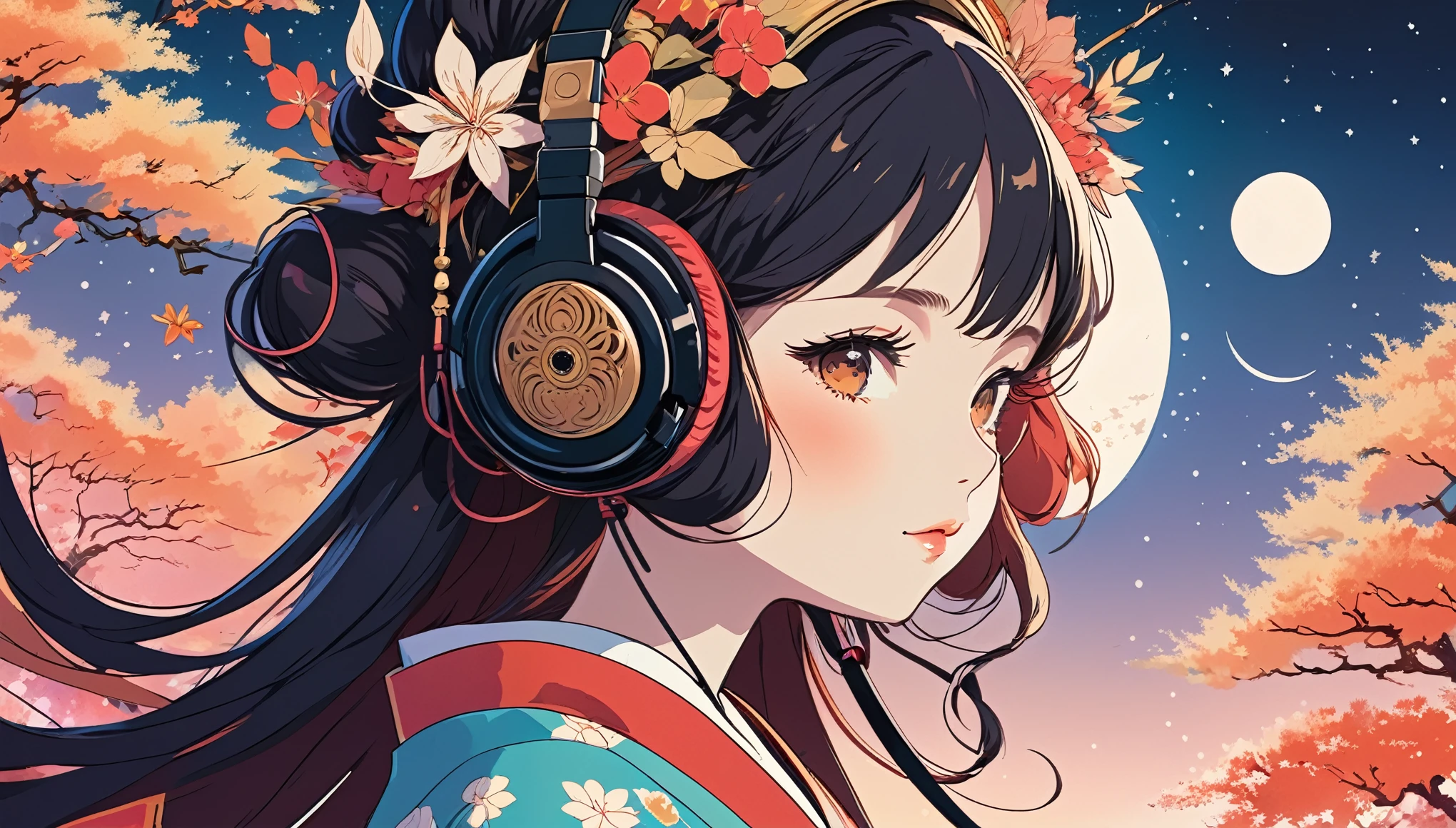 Japanese style headphones、Oiran、Wide-angle lens, Lofi Anime, Lofi illustration, Aesthetic atmosphere, Lo-Fi Style, Vector art, Flat Design, Simple shape, Warm tones, Pleasant atmosphere, Chill, In anime style, Digital drawing, Vector art, Vector logo for t-shirt printing, (Adorable:1.5), (small:1.4), (Playful:1.2), (soft:1.3), (Whimsical:1.1), masterpiece, Highest quality, 8k, Intricate details, grow, Celestial, Mysterious, Picturesque, amazing, Majestic, Magic, Fantasy art, Cover art, dream-like