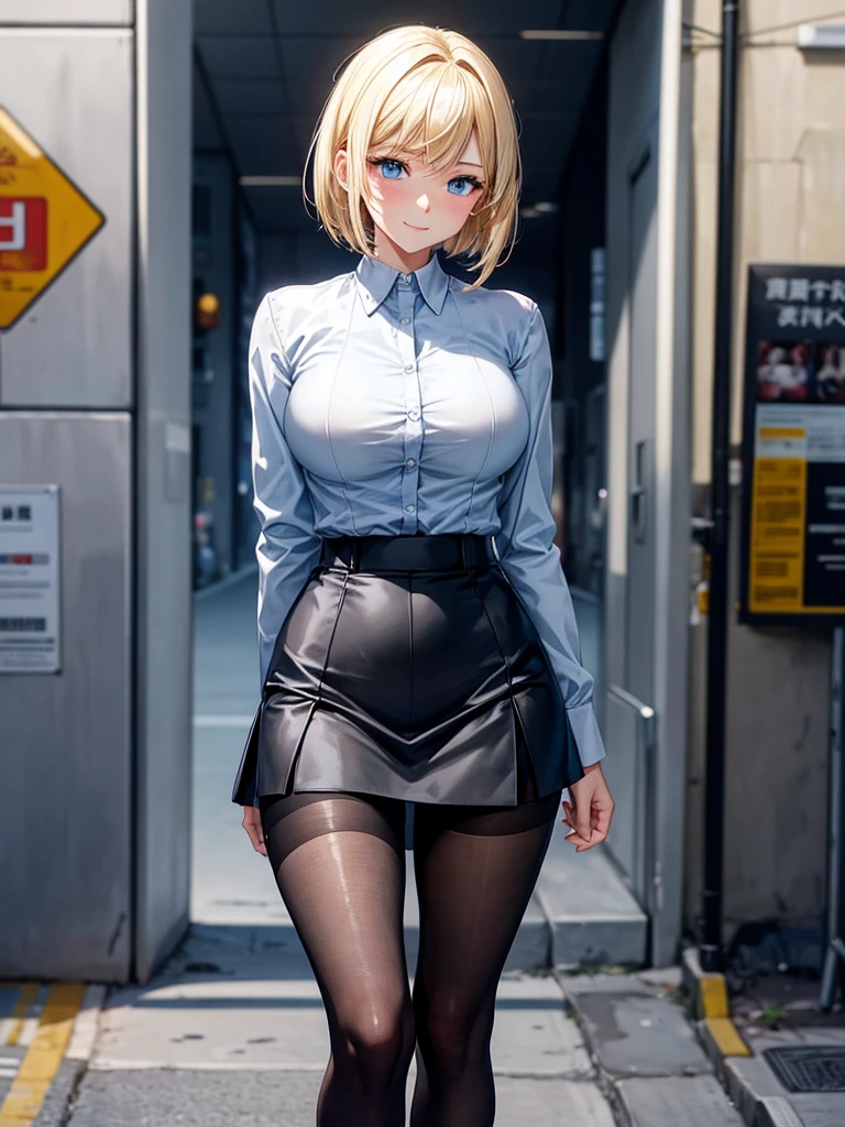 Anime style, super fine illustration, highly detailed, beautiful detailed, perfect detailed, super high quality image, static representation, gentle expression, happy expression, the pretty image, super stylish, 8k, pretty 1girl with blonde straight short hair & blue eyes & a bright smile & full bust & soft fair skin is a career woman supervisor who is not to show her skin wearing big light blue business shirt & black summer tailored jacket & black tight skirt & black pantyhose on the urban business buildings street, in the morning, solo, perfect fingers, no more fingers, no less fingers, perfect arms, no more arms, perfect legs, no more legs, no more hair, masterpiece.