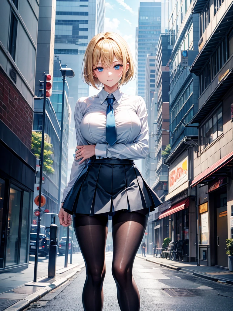 Anime style, super fine illustration, highly detailed, beautiful detailed, perfect detailed, super high quality image, static representation, gentle expression, happy expression, the pretty image, super stylish, 8k, pretty 1girl with blonde straight short hair & blue eyes & a bright smile & full bust & soft fair skin is a career woman supervisor who is not to show her skin wearing big light blue business shirt & black summer tailored jacket & black tight skirt & black pantyhose on the urban business buildings street, in the morning, solo, perfect fingers, no more fingers, no less fingers, perfect arms, no more arms, perfect legs, no more legs, no more hair, masterpiece.