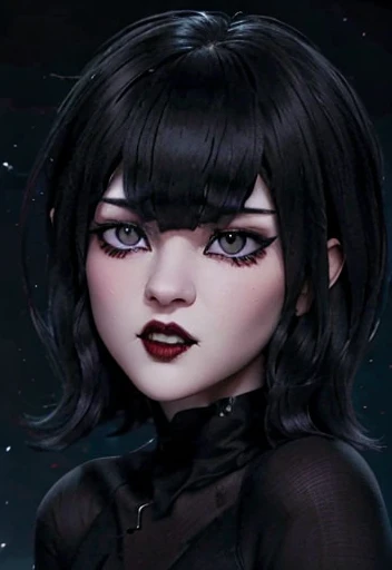 Hermosa vampiresa  ojos azules piel tersa rostro detallado perfectamente eyeliner voluminous lips upturned lips upturned nose short black hair with bangs standing, showing fangs vampire, whit blood , 