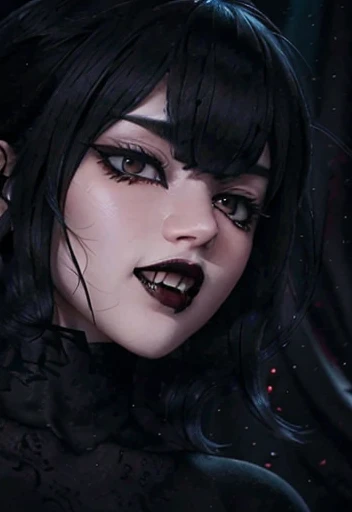 Hermosa vampiresa  ojos azules piel tersa rostro detallado perfectamente eyeliner voluminous lips upturned lips upturned nose short black hair with bangs standing, showing fangs vampire, whit blood , 