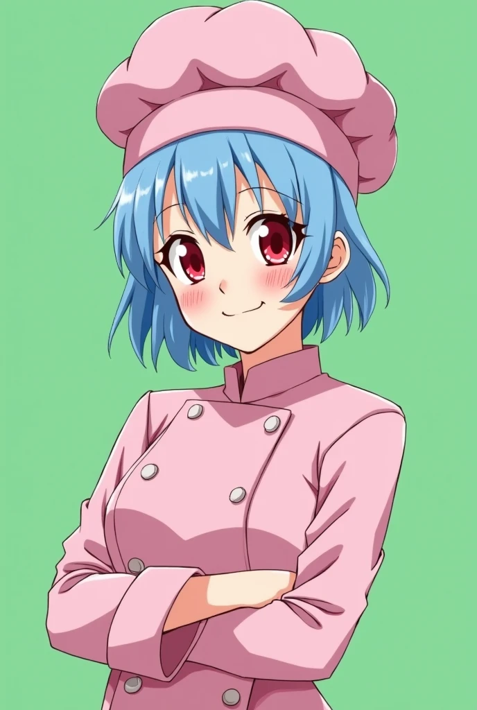 Female chef between 18 and 20 years old, with a pink long-sleeved uniform and a chef's hat of the same color, 2D anime style with pastel colors, short blue hair, Red eyes ,with a happy expression, on a completely green and flat background