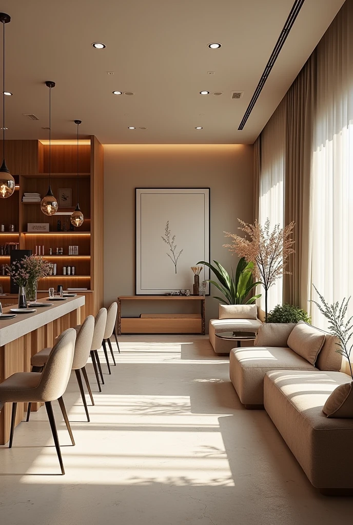 Create a beauty salon for me, the first section is dedicated to the sale of beauty and makeup products, and a section that resembles a cafe for seating. The other section is for makeup and beauty for brides with a simple and calm design., avoiding too many flashy decorations.