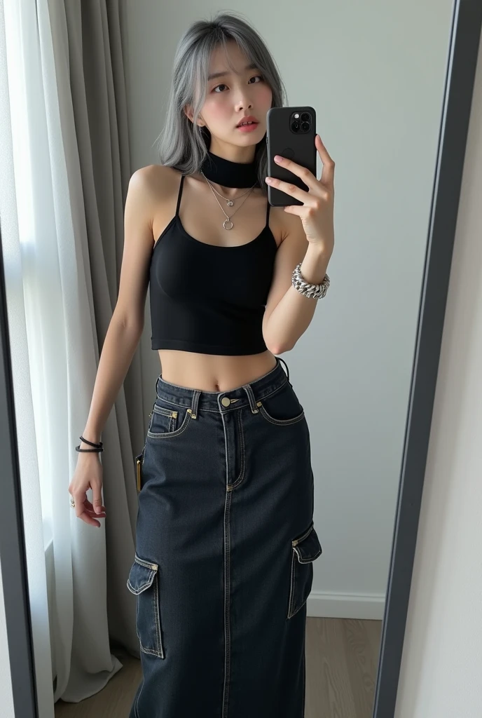 highly detailed, beautiful, hyper Realistic girl, masterpiece, best quality, Depict a mysterious and sophisticated beautiful Japanese gravure model,, 18-years-old, identity hidden, all body shot, / gray arranged hair, small head, Detailed face, cute and Pretty slim face, wide Duck mouth, perfect beautiful Tooth, arranged gray hair, shiny eyes, blue-colored eyes, Realistic skin, Detailed face, // standing, model posing, / The outfit features a black sleeveless turtleneck fusion of cropped tank top made from a lightweight, stretchy material. The top has thin shoulder straps and fits tightly, highlighting the wearer’s silhouette. The bottom piece is a maxi-length denim skirt made from thick denim fabric. The skirt includes prominent stitching and large side pockets, body fitting, adding a functional, cargo-style element to the design. Accessories include a simple silver chain necklace, a matching bracelet, and a small silver chain bag. The entire ensemble is styled in a monochromatic black and silver color palette, creating a sleek and urban look, //// simple white single room, gray frame mirror, complicated background /// takes a selfie in her room using a smartphone in front of a mirror with one hand, standing and sexy Posing, all body below shot, focus shoes, looking away from the camera,