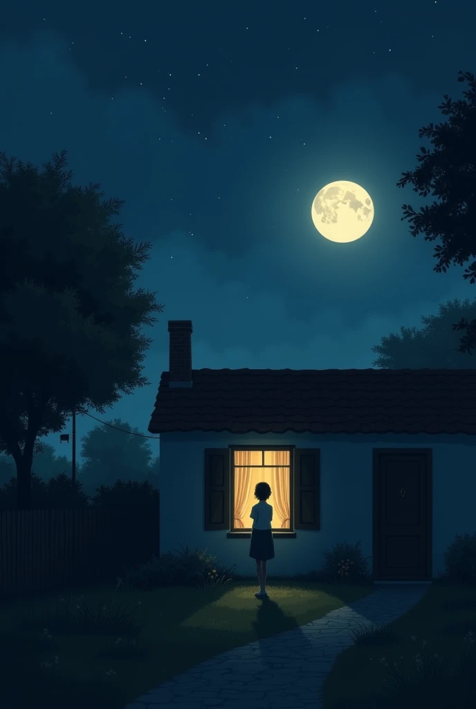 Imagine a simple house in a sleepy village, with the soft light of the moon illuminating the night. The first image captures a lit window in Maria's house., with a light transparent curtain that sways gently, suggesting the presence of someone watching from inside.