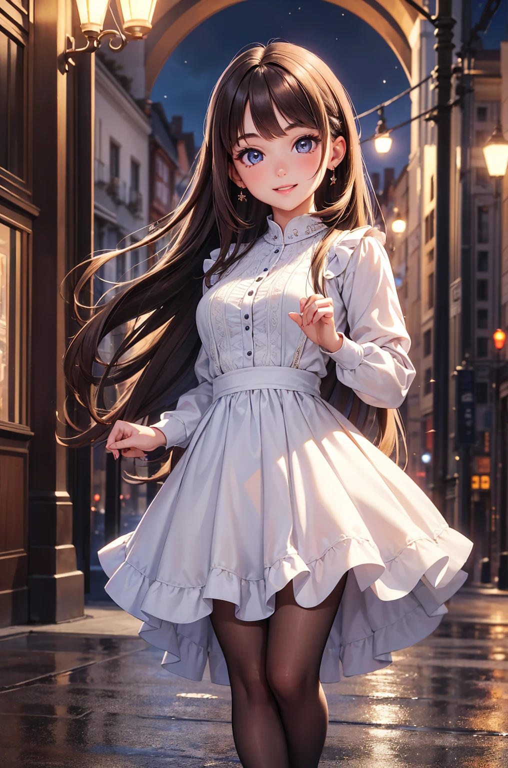 (highy detailed) (with high resolution) (4K quality) (perfect lighting) (face detailed) (detailed hair) (detailedeyes) (detailed nose) (detailed lips) A beautiful young girl, wearing a long skirt, usando um vestido, Long brown hair, blue colored eyes, Full-body image, smile cute, in a city square at night.