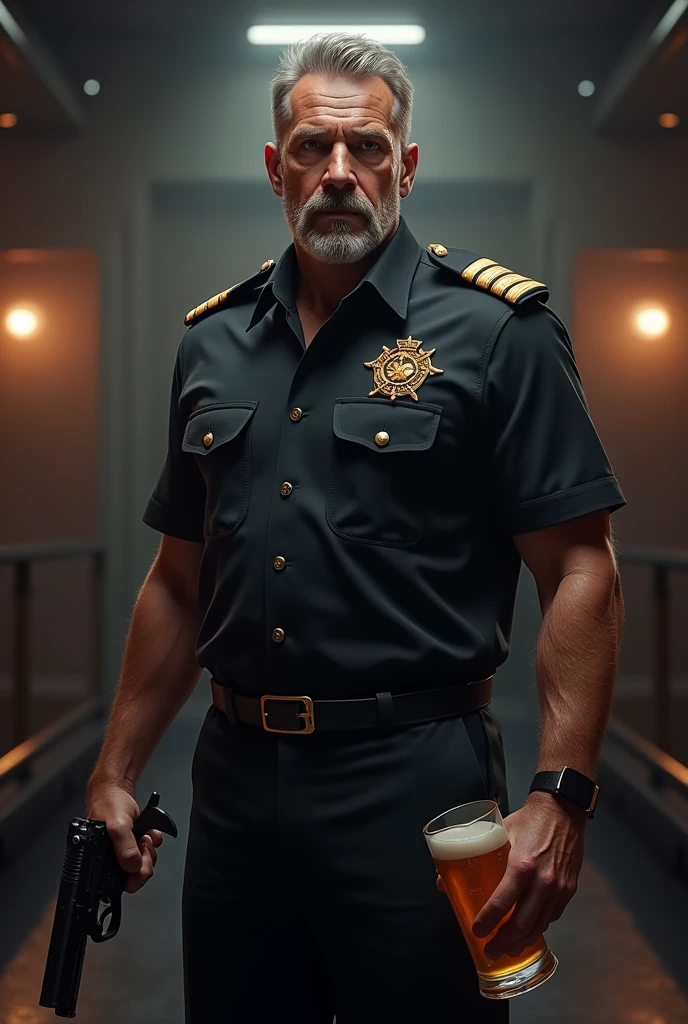 Admiral wearing a black shirt with a Maltese cross on his chest holding a beer and a gun