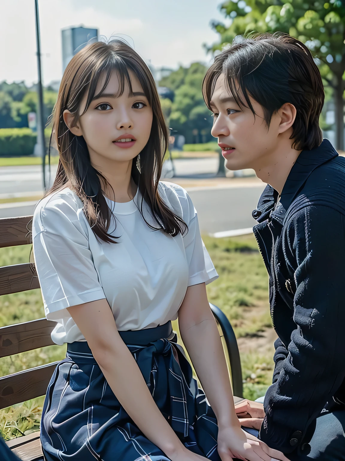 (high quality), (Realistic photos)、1male、1woman、((No audience:1.5))、((Outdoor:1.5))、((Park bench:1.ung Japanese couple arguing face to face:1.4))、((Angry Japanese woman and a Japanese male trying to talk to her:1.4)) 、((White short sleeveTWoman wearing a shirt:1.4))、((whiteTMale wearing a shirt:1.4))、((A woman glares at a man:1.7))、((A woman wearing a denim skirt that accentuates her thighs:1.4))、((White short sleeveTWoman wearing a shirt:1.4))、((Woman with a scary expression:1.4))、