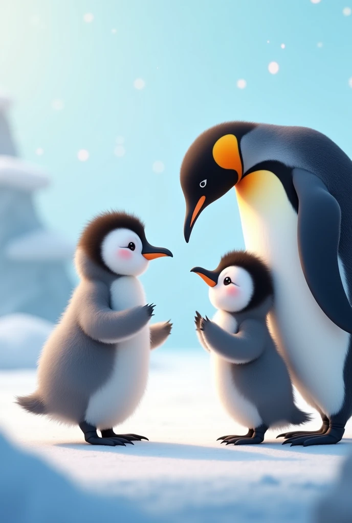 Start: The penguin and the chick are in separate starting positions..
Close up: The penguin starts walking towards the chick..
meeting: The penguin and the chick look at each other.
interaction: The chick approaches the penguin.
motion: The chick moves around the penguin.
Reaction: The penguin responds to the chick's movements.
Games: The penguin and the chick start playing together.
fun: Game moments are shown, like the penguin trying to follow the pol