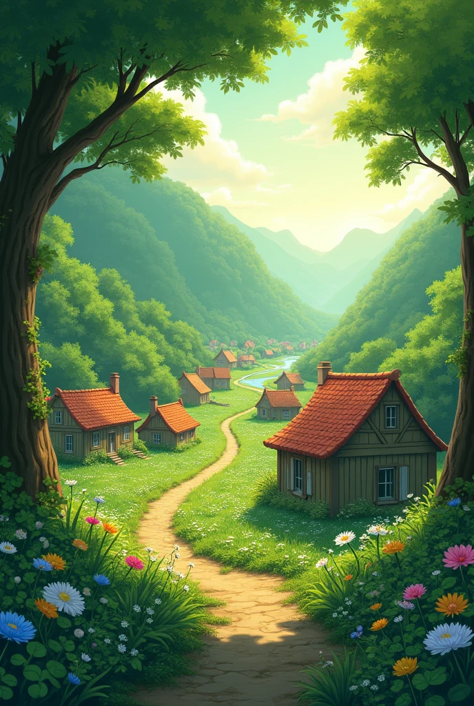 A small town beneath the clover forest, There are many small houses surrounded by greenery., sun rays, Small road, Small River