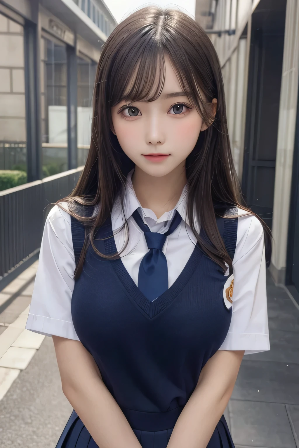 One Girl, 1 person,Highest quality,High resolution,超High resolution,8k,Realistic,Upper Body,encounter_audience,Large Breasts, the body is slim,(School uniform:1.2),