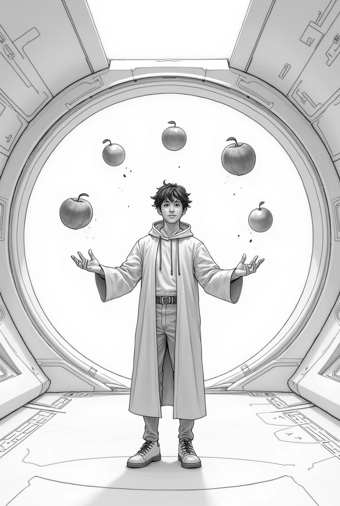 A young man magician playing with three flying fruits in a spaceship. His hands are in magical flames. In a simple black and white pencil style